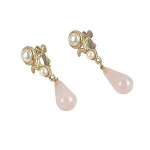 Vintage Napier Clip-On Earrings With Pink Teardrop Gemstones & Faux Pearls